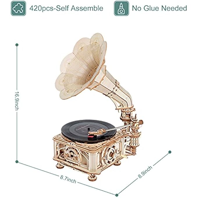 3D WOODEN PUZZLE FOR ADULTS DIY ELECTRICAL CLASSICAL GRAMOPHONE MODEL KITS TO BUILD VINYL RECORDS PLAYER UNIQUE BIRTHDAY GIFT - Image 4